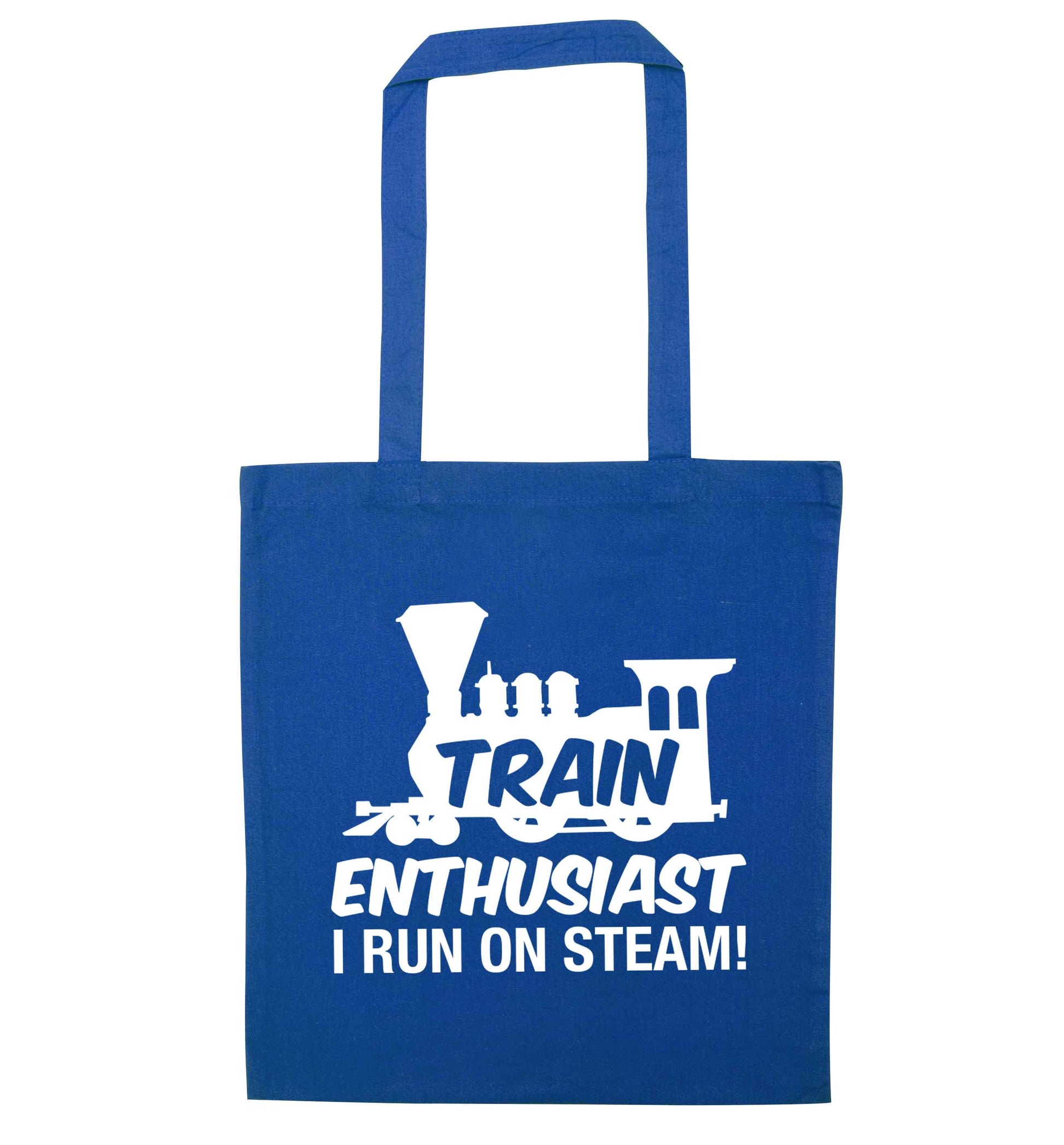Train enthusiast I run on steam blue tote bag