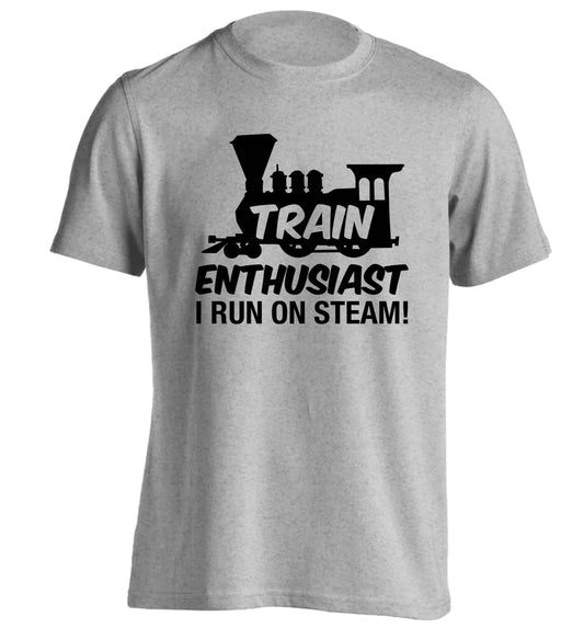 Train enthusiast I run on steam adults unisex grey Tshirt 2XL