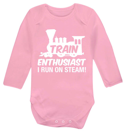 Train enthusiast I run on steam Baby Vest long sleeved pale pink 6-12 months