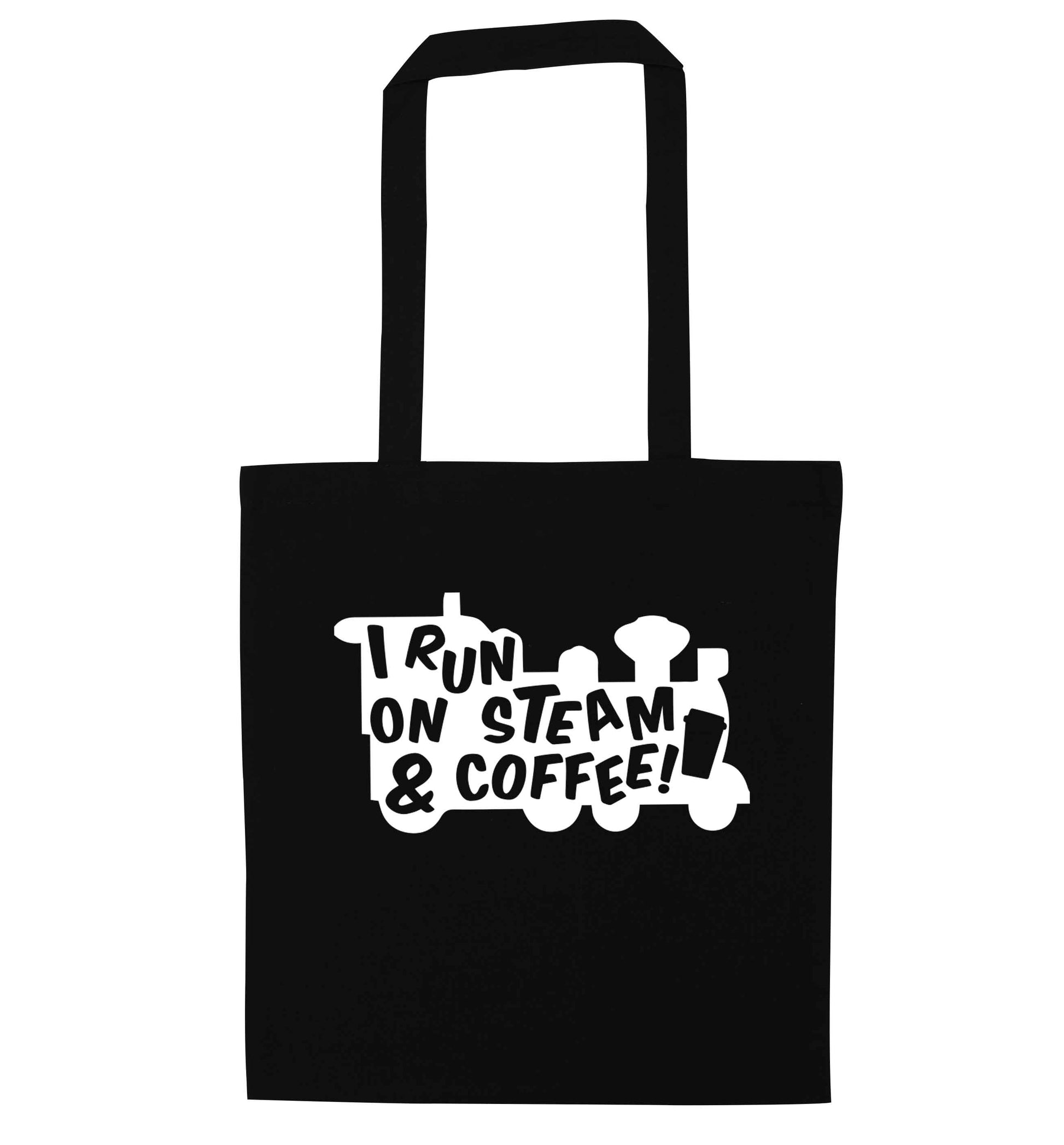 I run on steam and coffee black tote bag