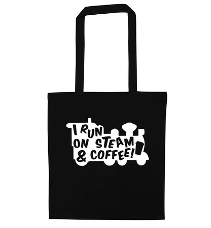 I run on steam and coffee black tote bag