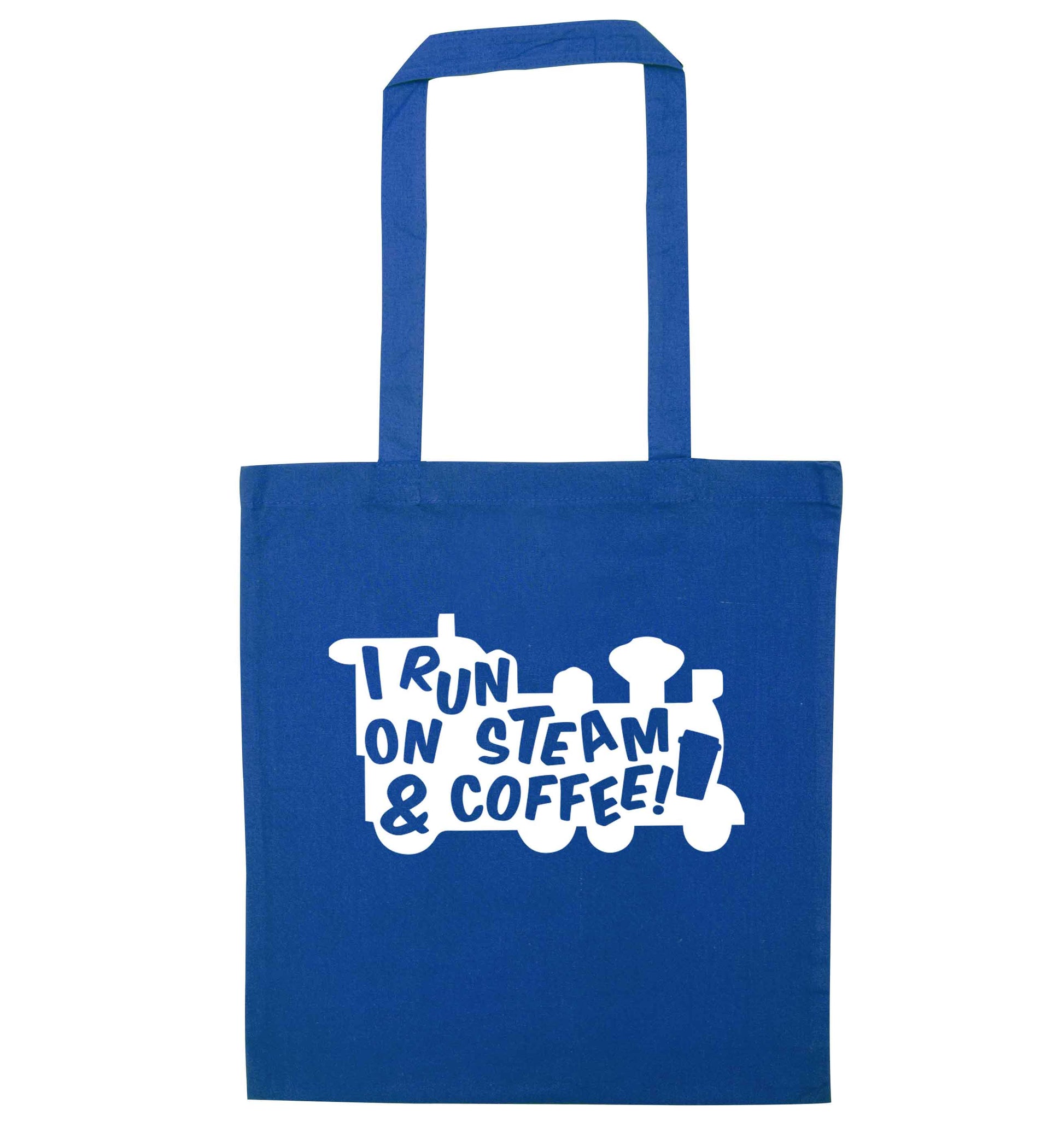 I run on steam and coffee blue tote bag