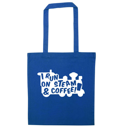 I run on steam and coffee blue tote bag