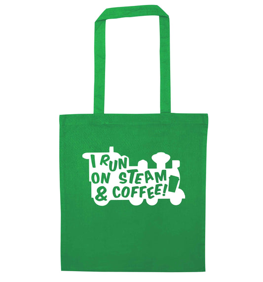 I run on steam and coffee green tote bag