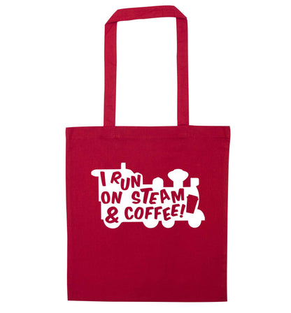 I run on steam and coffee red tote bag