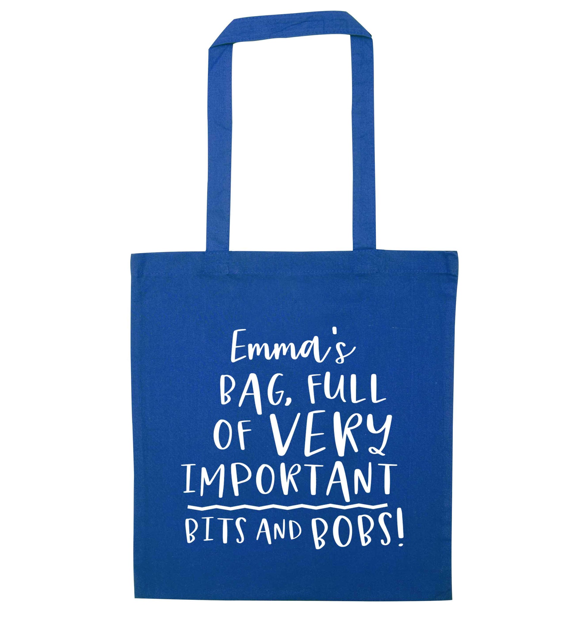 Personalised bag full of very important bits and bobs blue tote bag