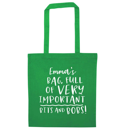 Personalised bag full of very important bits and bobs green tote bag
