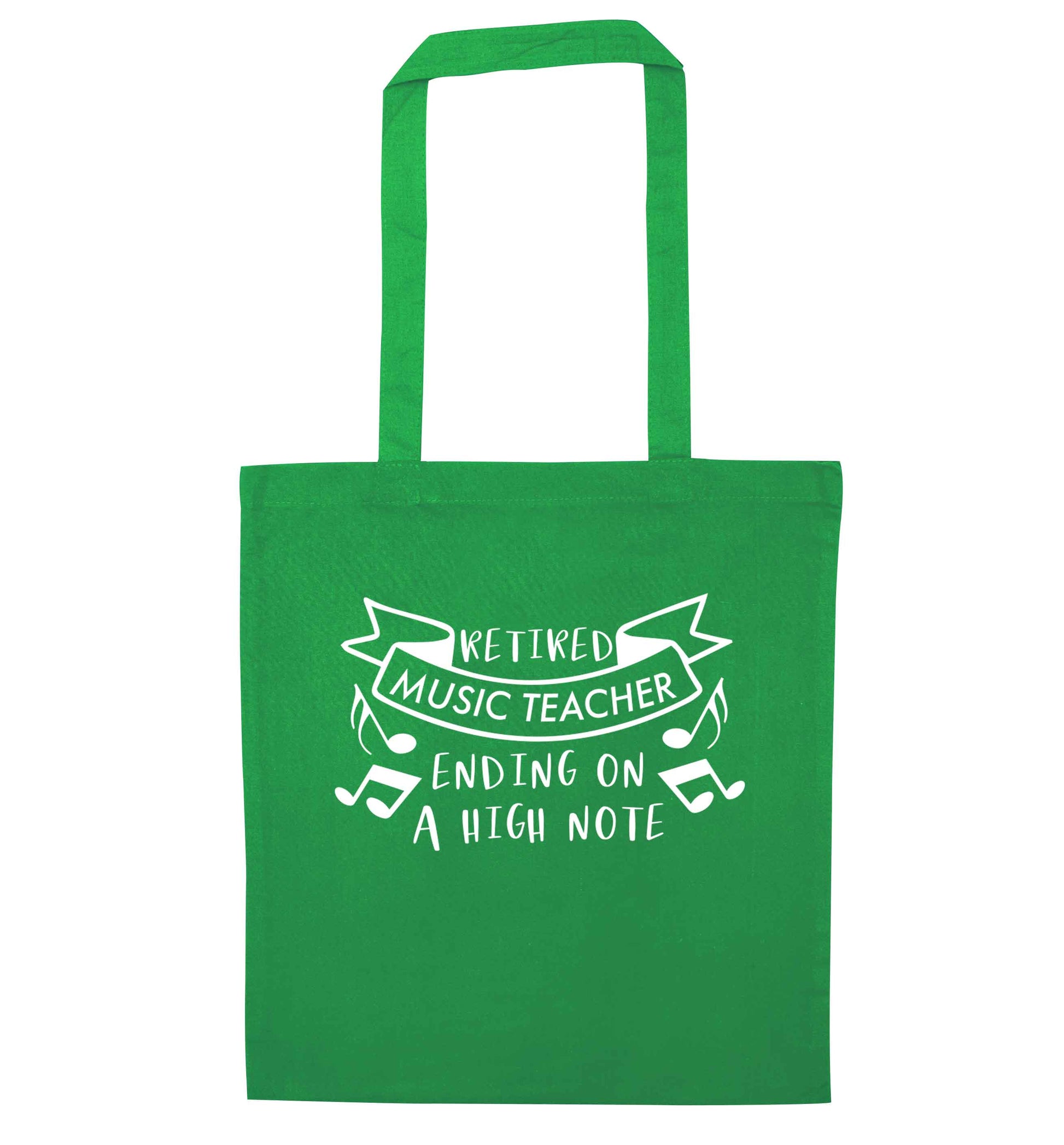 Retired music teacher ending on a high note green tote bag