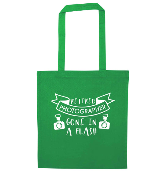 Retired photographer gone in a flash green tote bag