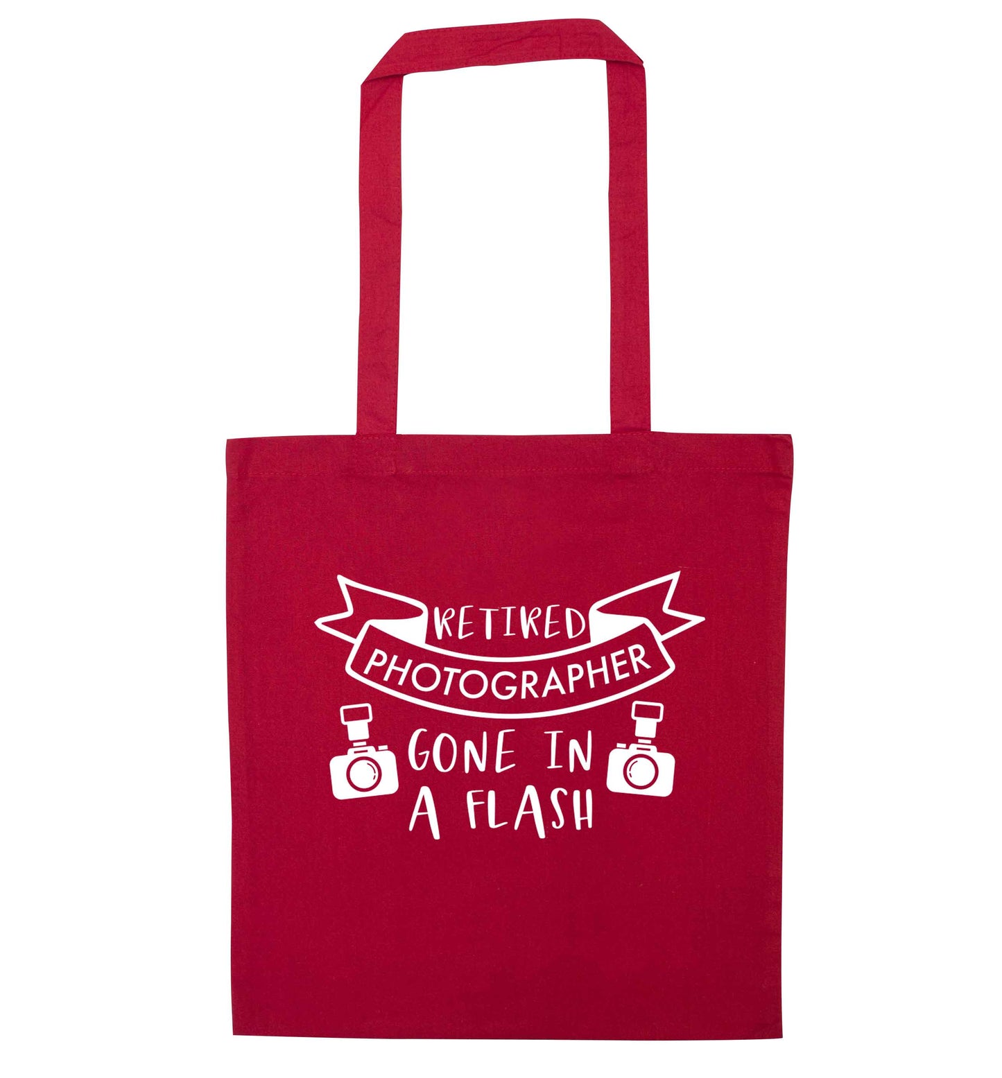 Retired photographer gone in a flash red tote bag