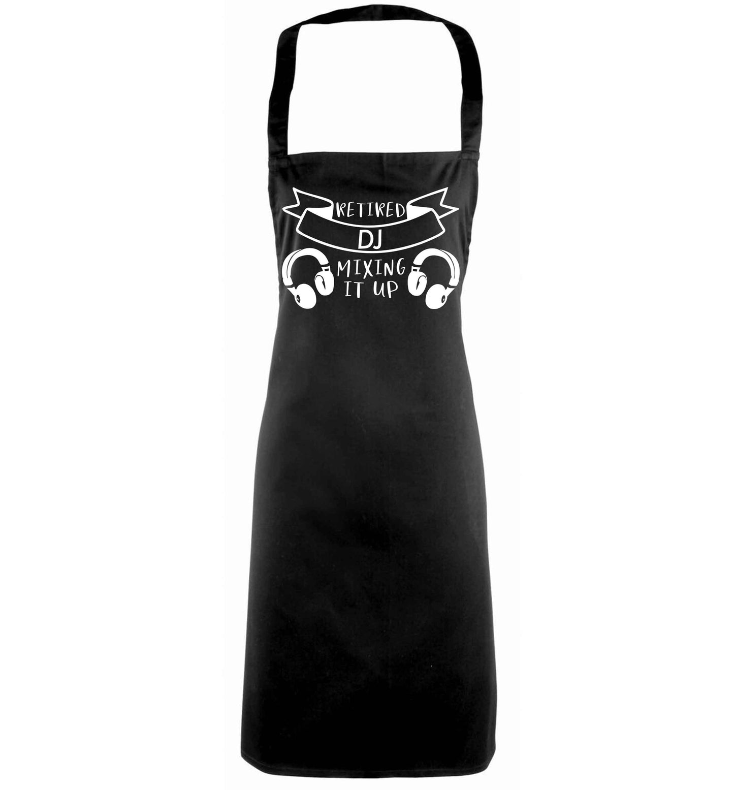 Retired DJ mixing it up black apron