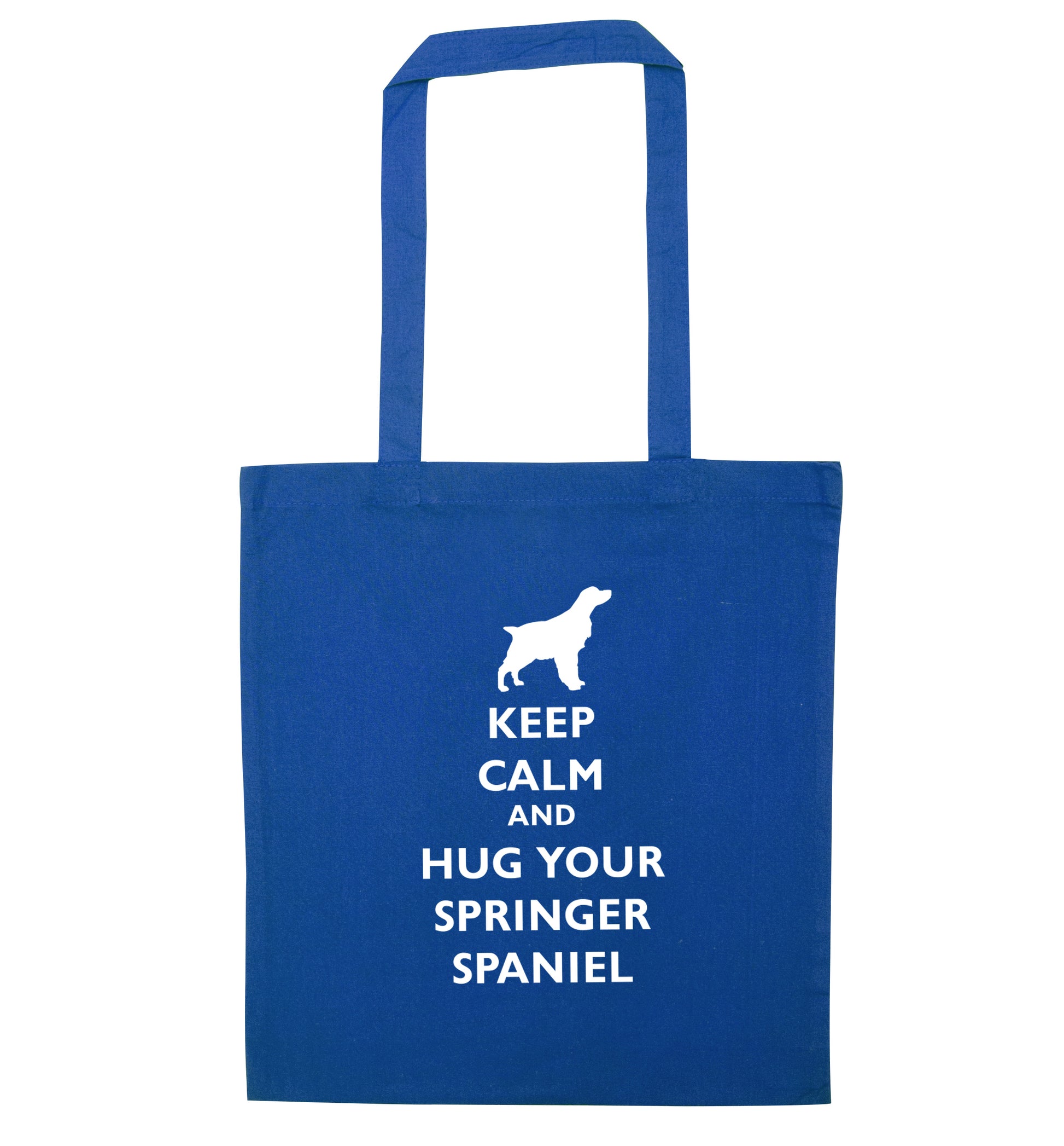 Keep calm and hug your springer spaniel blue tote bag