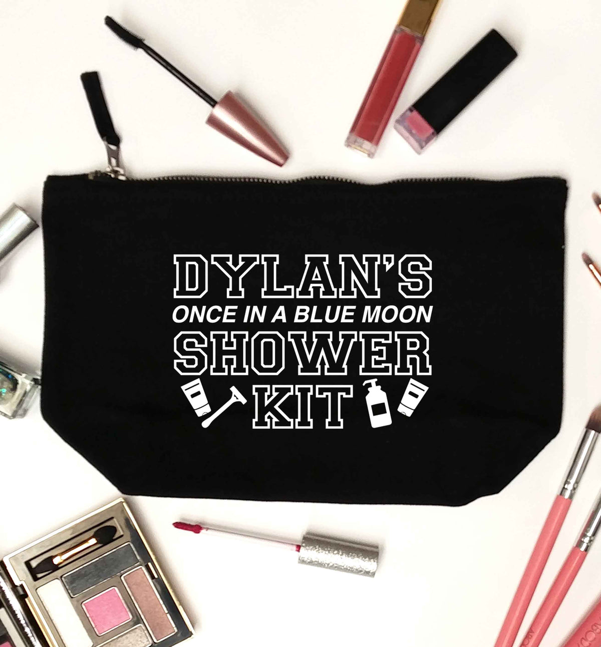 Personalised once in a blue moon shower kit black makeup bag