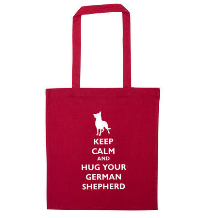 Keep calm and hug your german shepherd red tote bag
