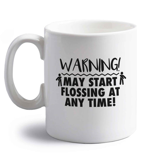 Warning may start flossing right handed white ceramic mug 
