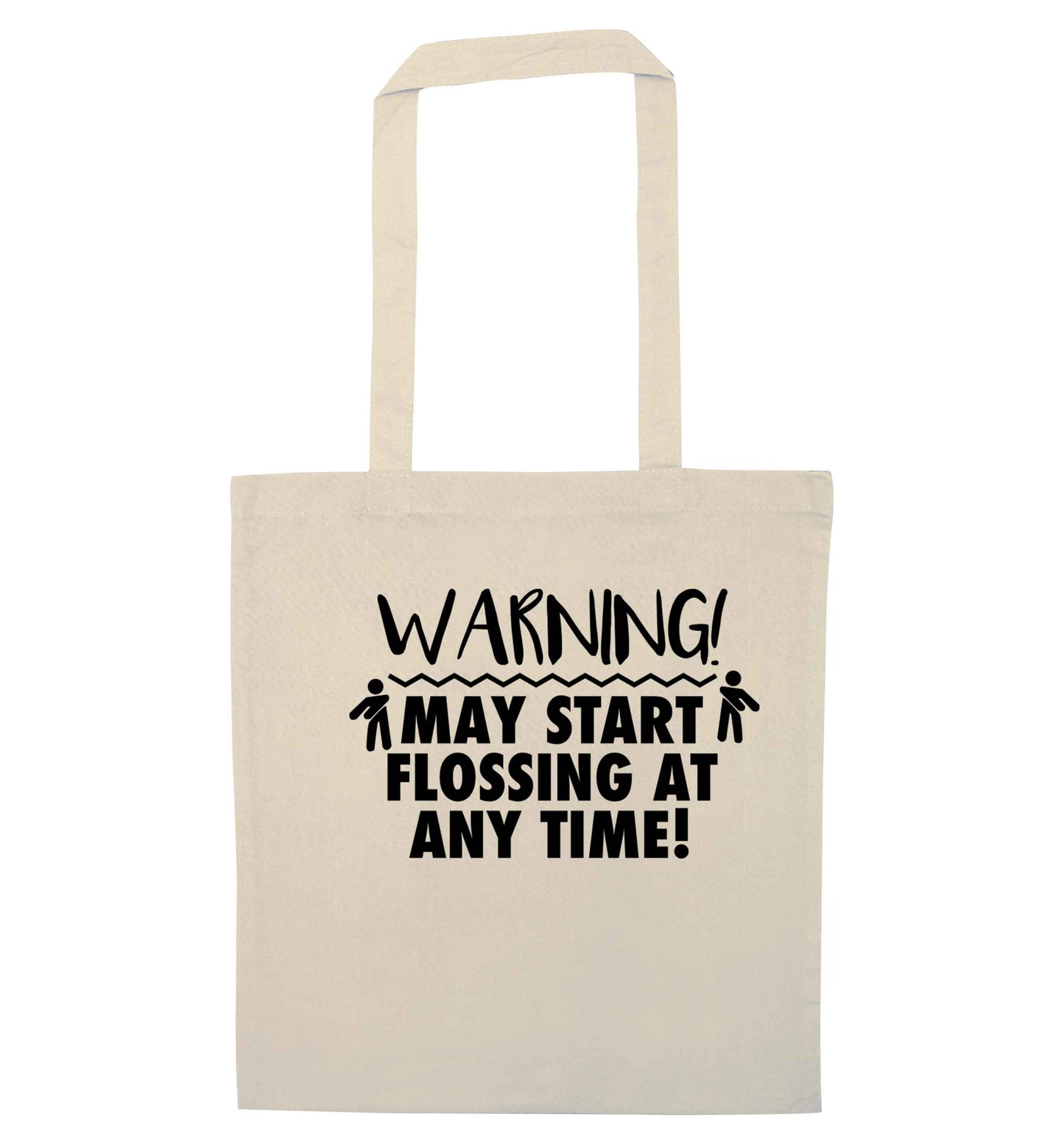 Warning may start flossing natural tote bag