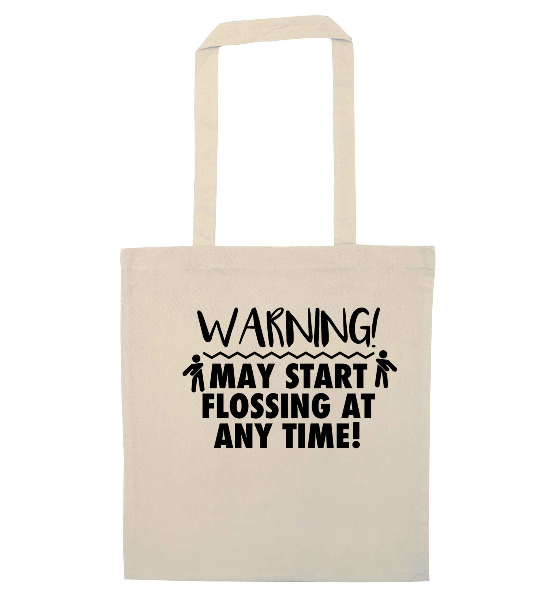 Warning may start flossing natural tote bag