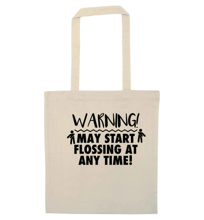 Warning may start flossing natural tote bag