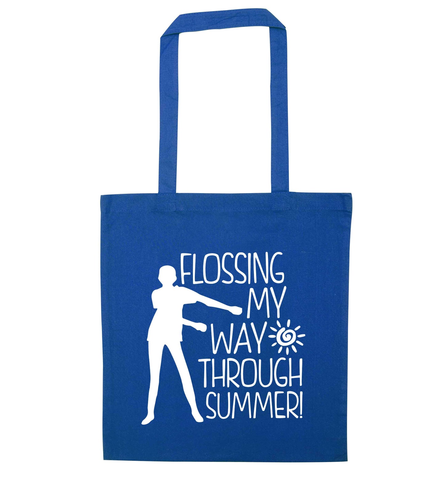 Flossing my way through summer blue tote bag