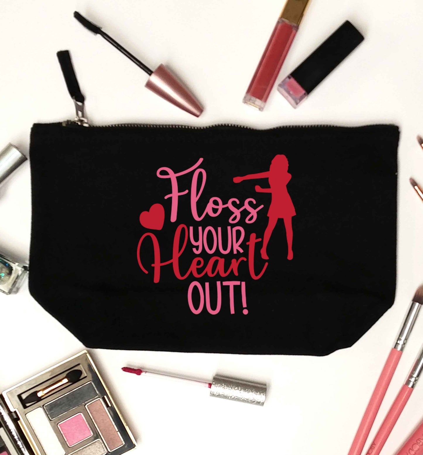Floss your heart out black makeup bag