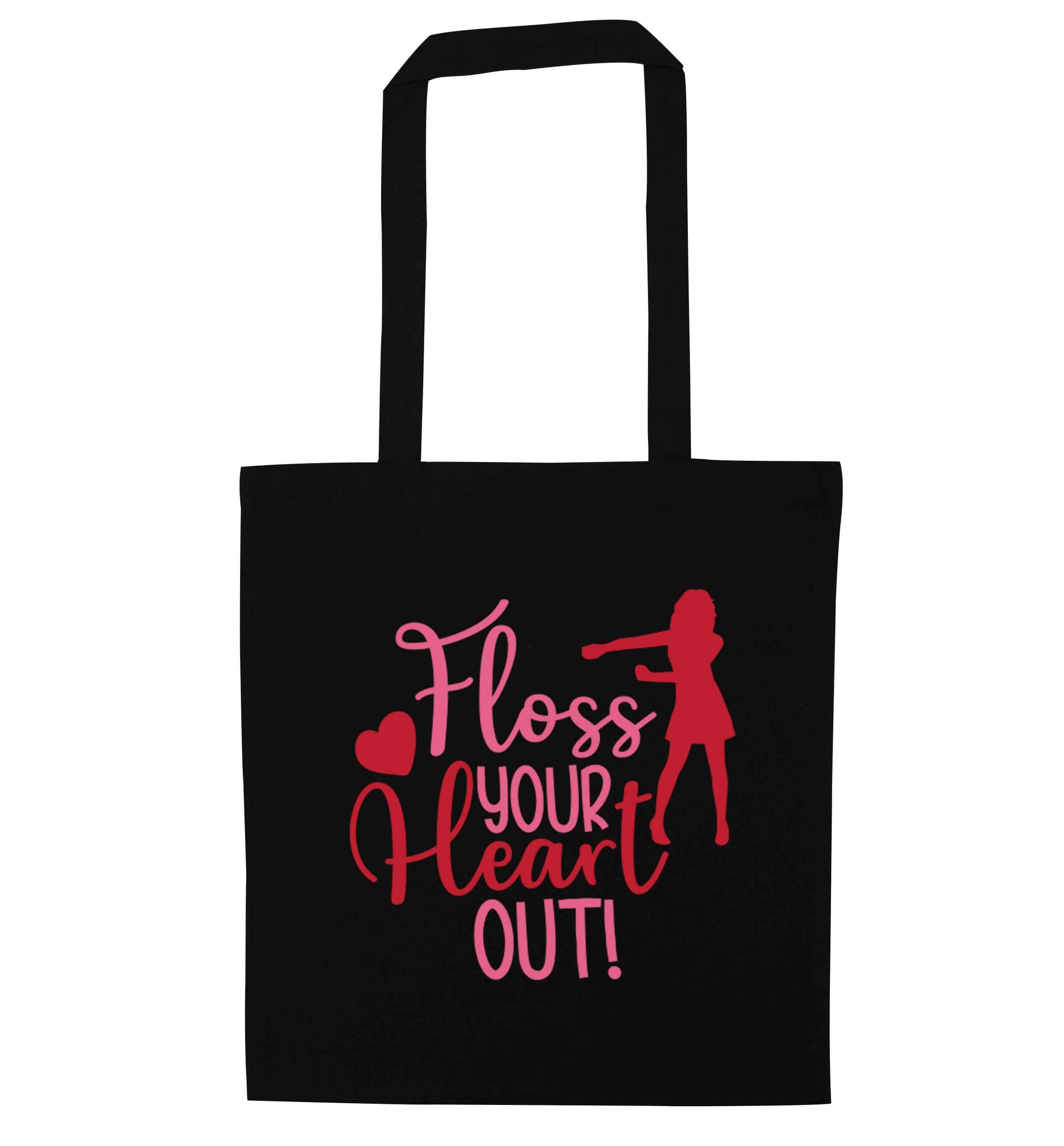 Floss your heart out black tote bag