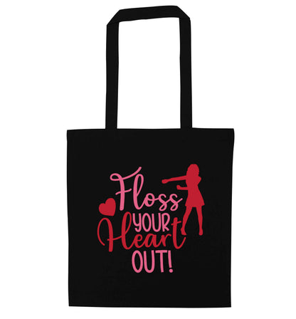Floss your heart out black tote bag