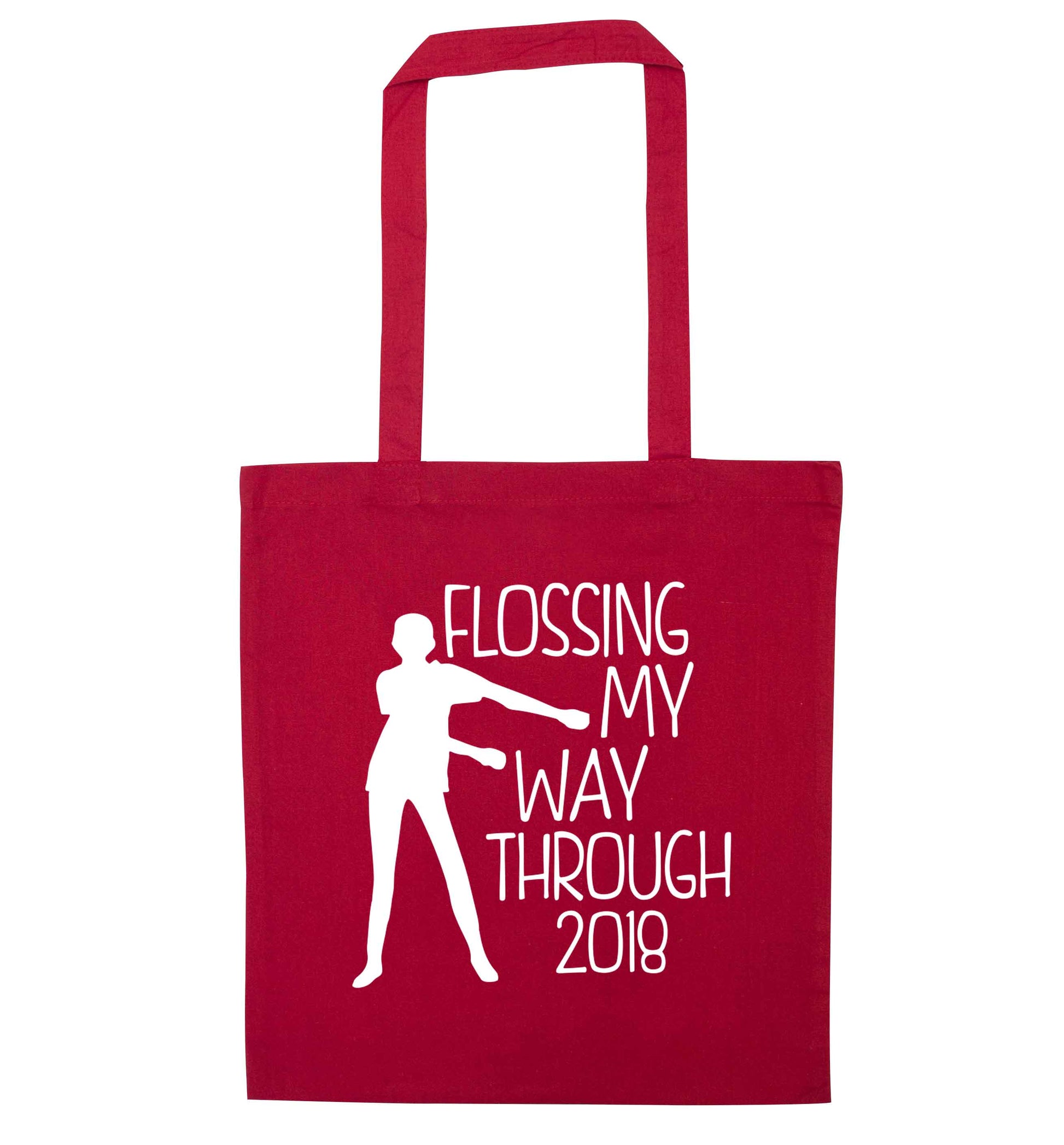 Flossing my way through 2018 red tote bag