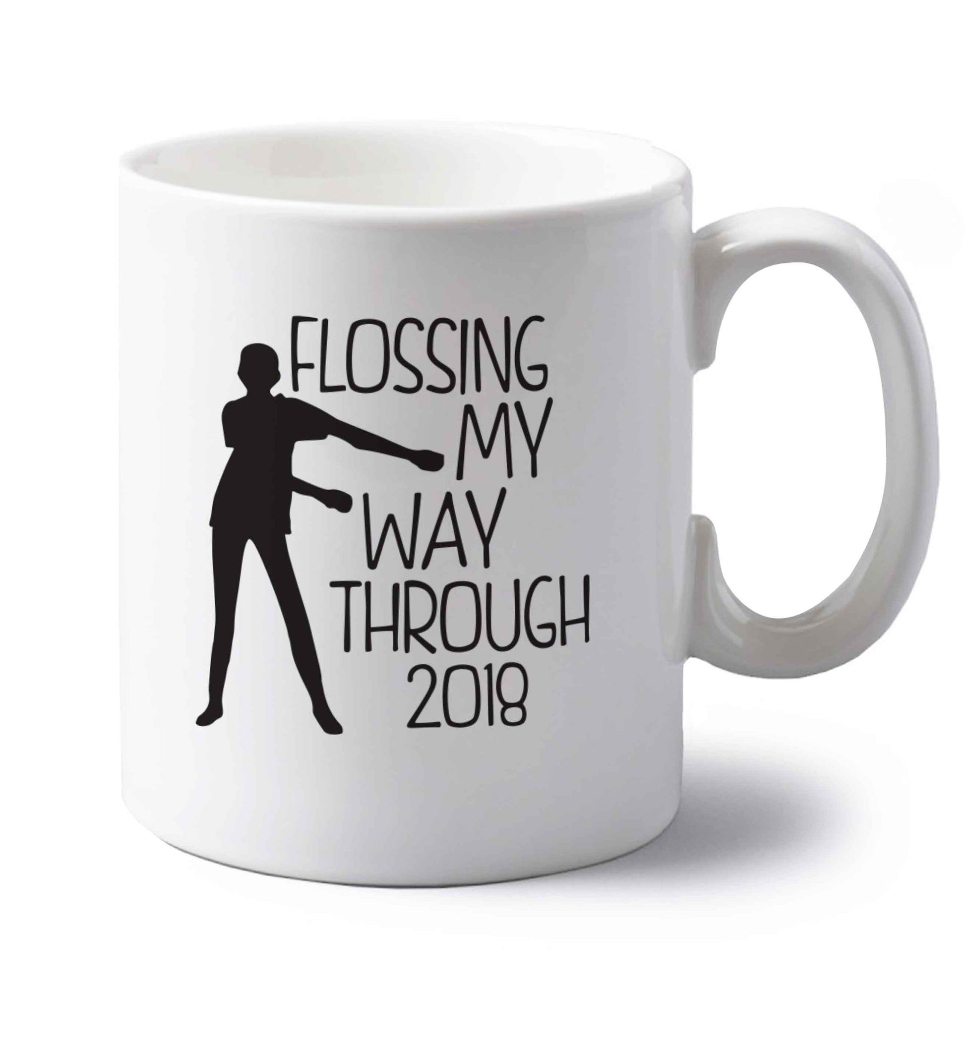 Flossing my way through 2018 left handed white ceramic mug