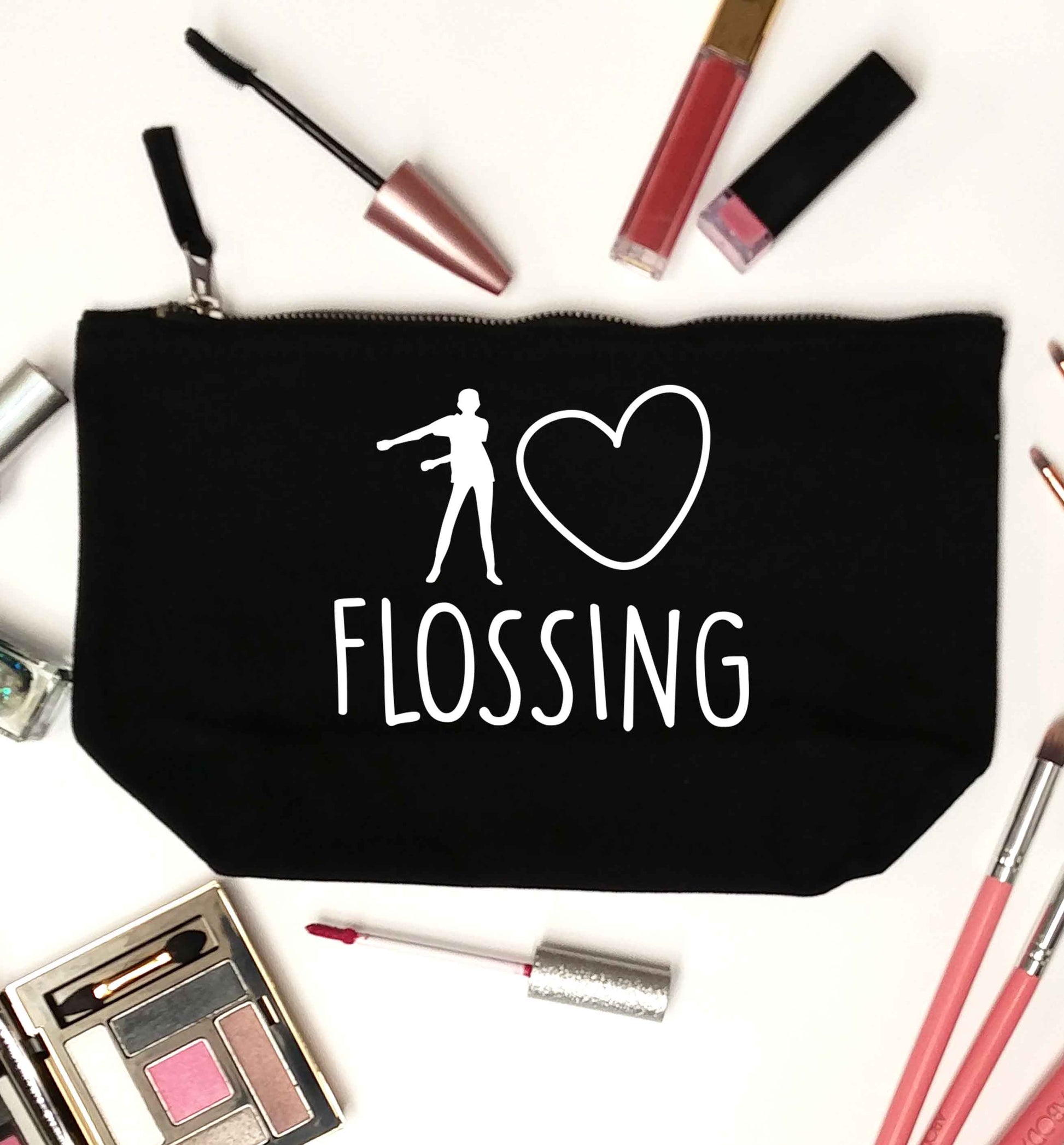 I love flossing black makeup bag