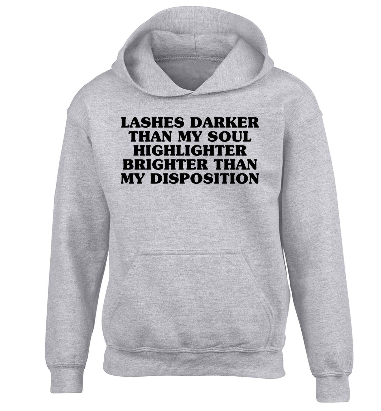 Lashes darker than my soul, highlighter brighter than my disposition children's grey hoodie 12-13 Years