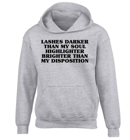 Lashes darker than my soul, highlighter brighter than my disposition children's grey hoodie 12-13 Years
