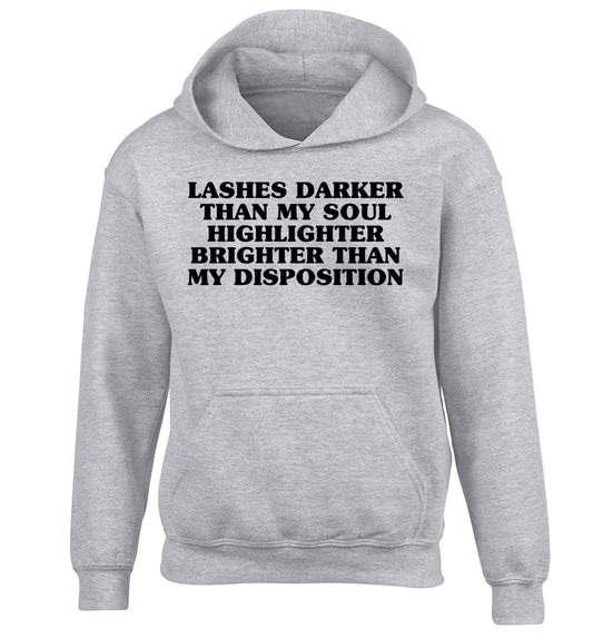 Lashes darker than my soul, highlighter brighter than my disposition children's grey hoodie 12-13 Years