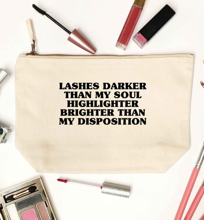 Lashes darker than my soul, highlighter brighter than my disposition natural makeup bag