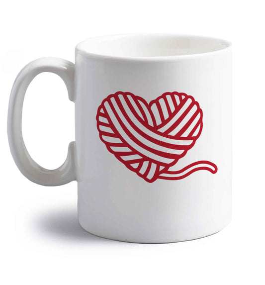 Knitted heart pocket right handed white ceramic mug 