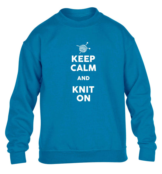 Keep calm and knit on children's blue sweater 12-13 Years