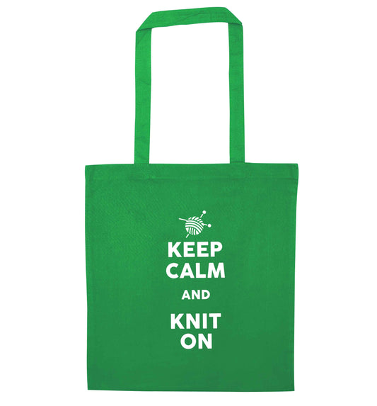Keep calm and knit on green tote bag