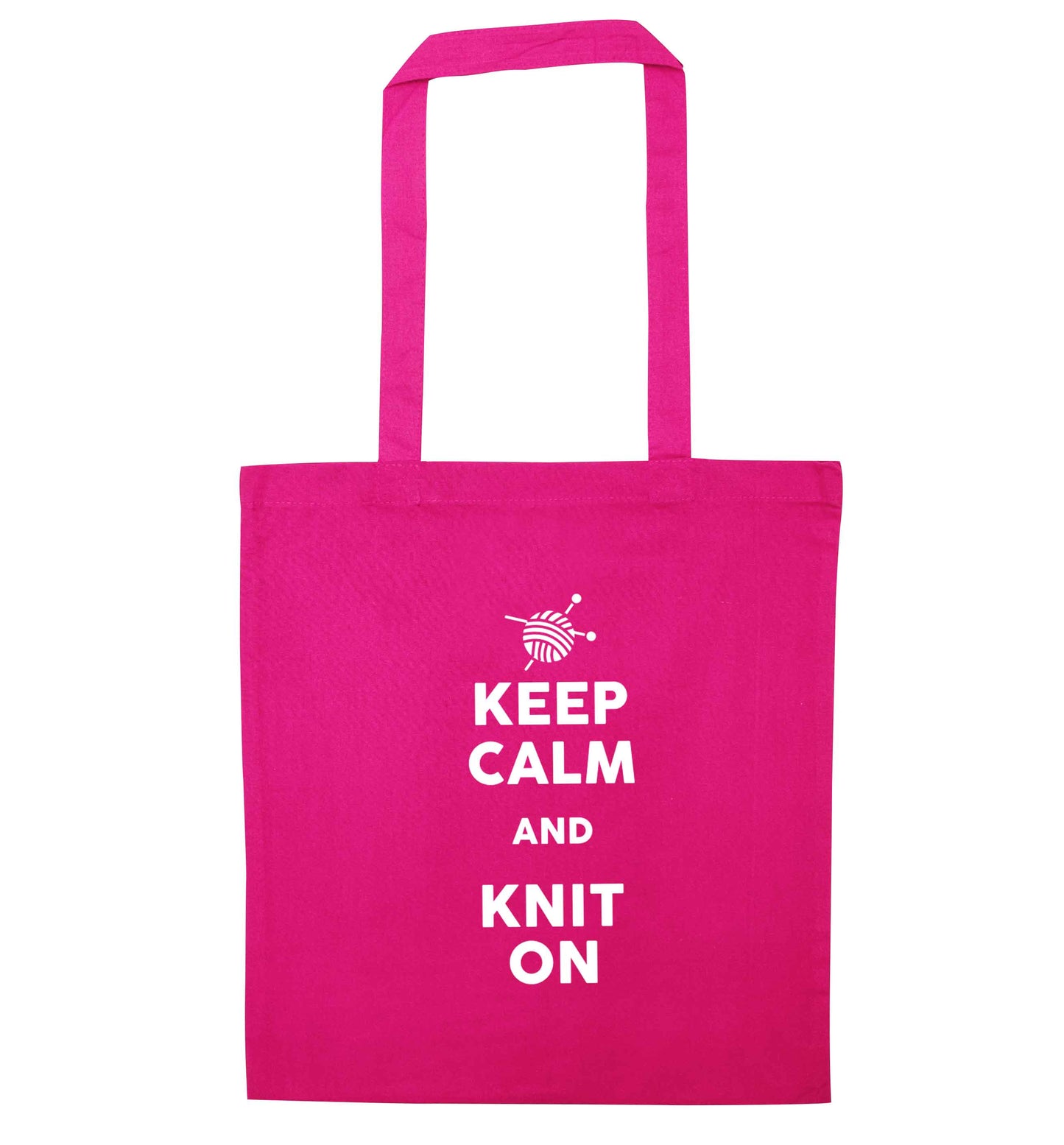 Keep calm and knit on pink tote bag