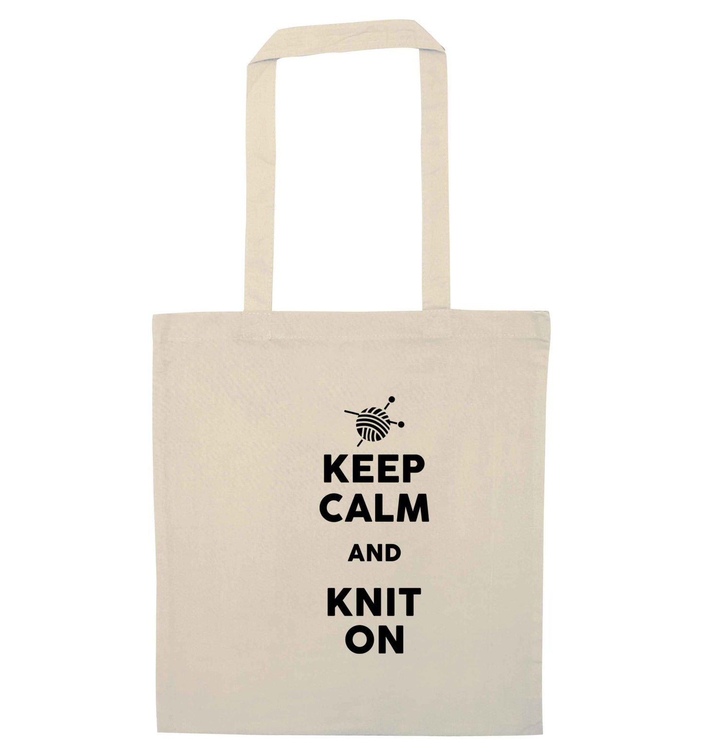 Keep calm and knit on natural tote bag