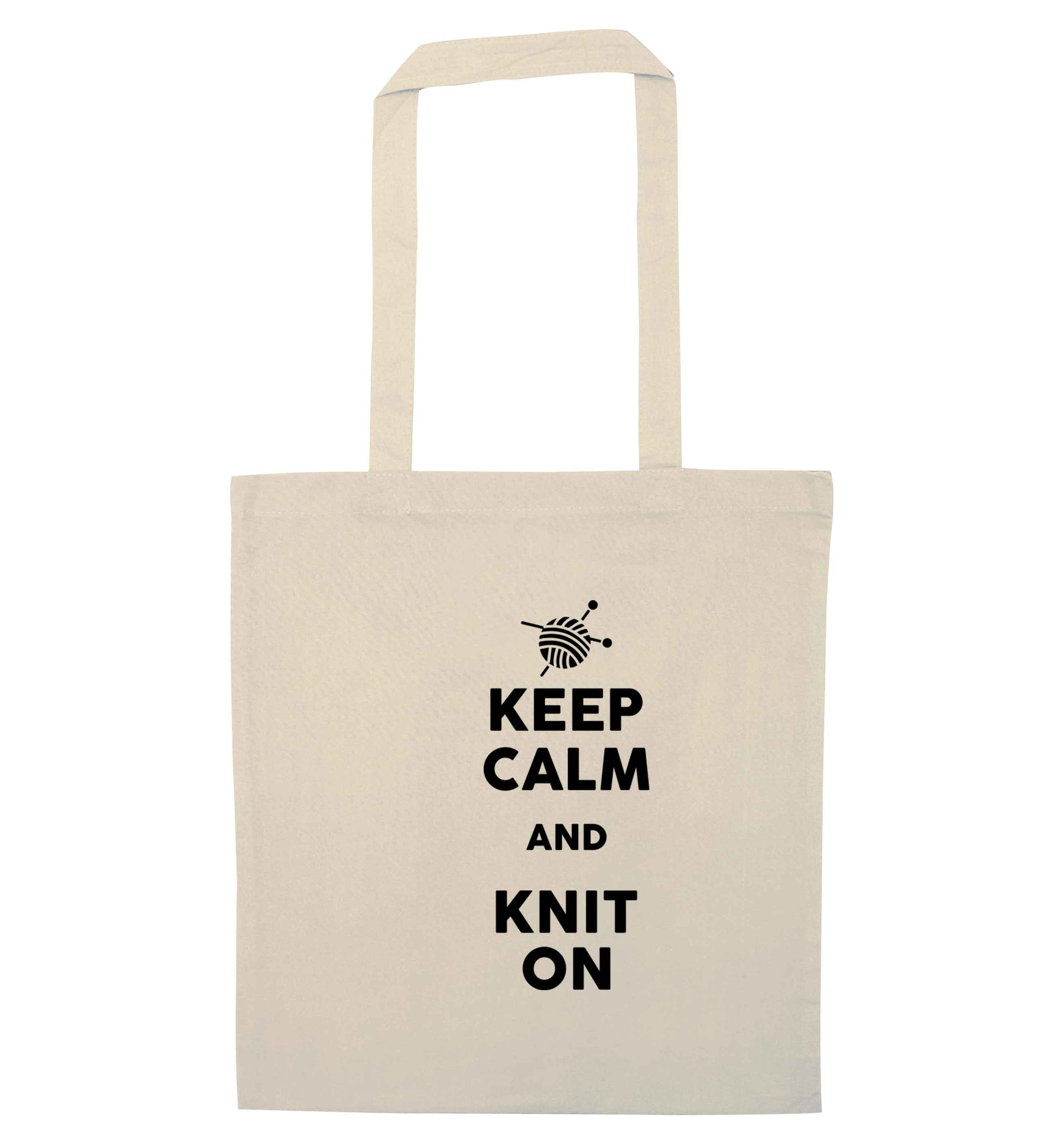 Keep calm and knit on natural tote bag