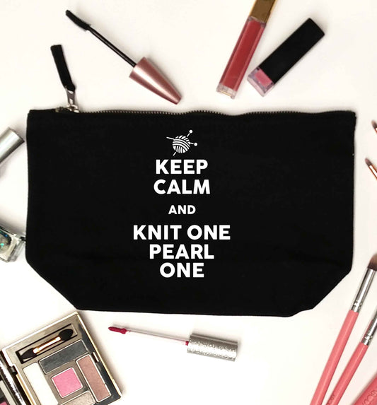 Keep calm and knit one pearl one black makeup bag
