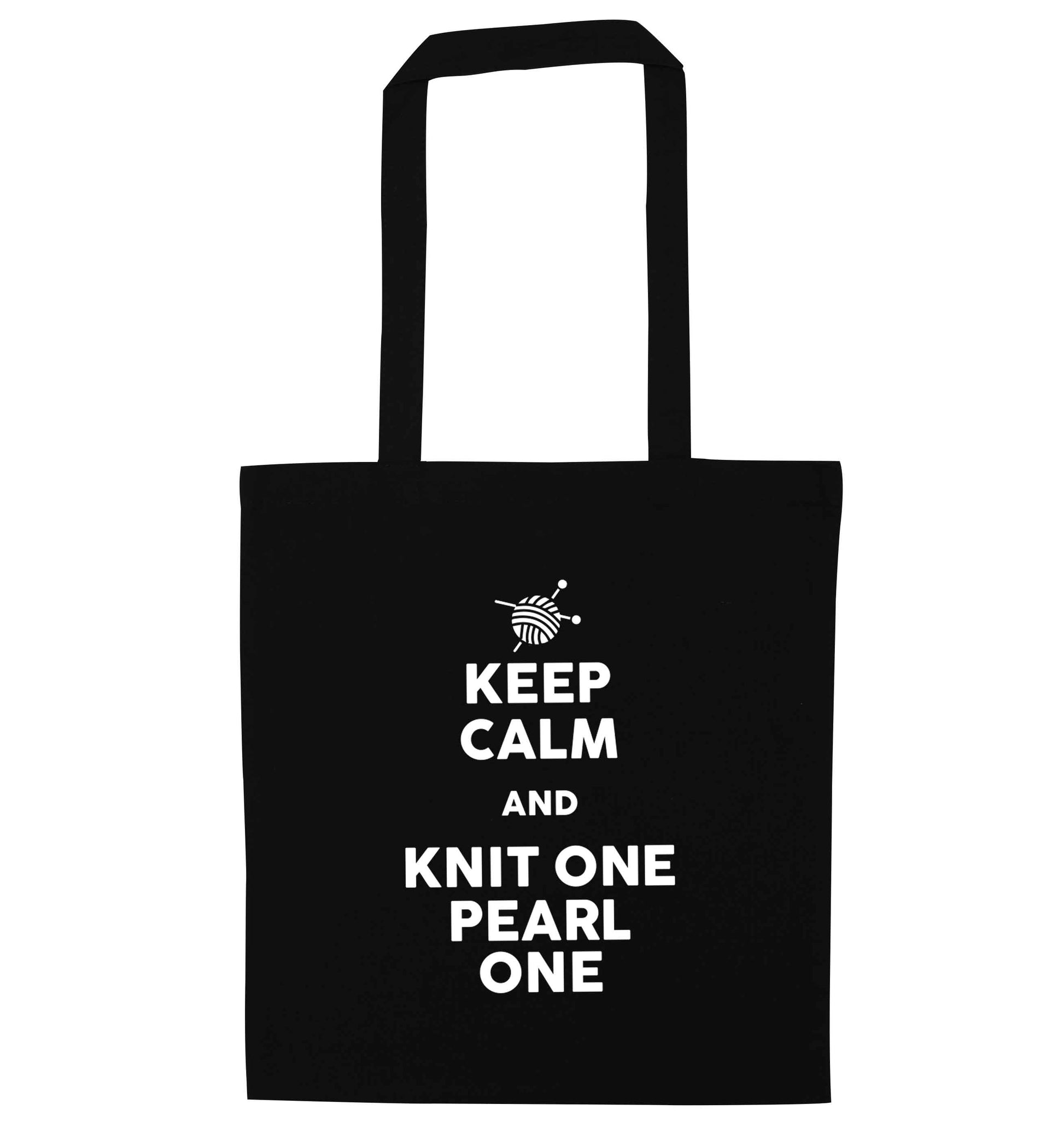 Keep calm and knit one pearl one black tote bag