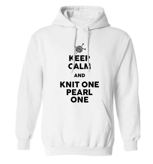 Keep calm and knit one pearl one adults unisex white hoodie 2XL