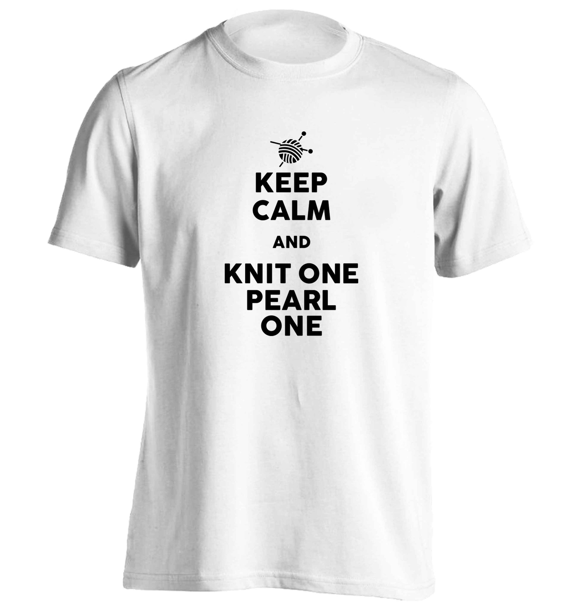 Keep calm and knit one pearl one adults unisex white Tshirt 2XL