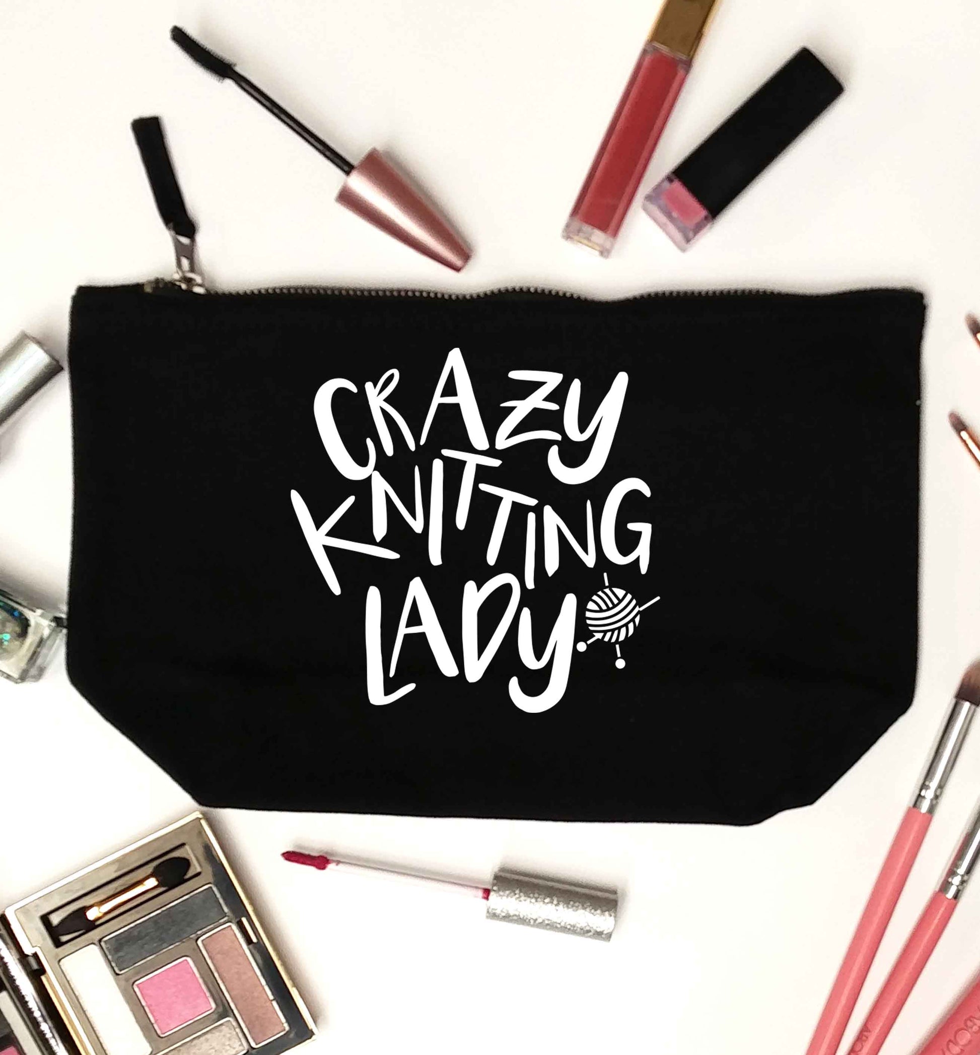 Crazy knitting lady black makeup bag