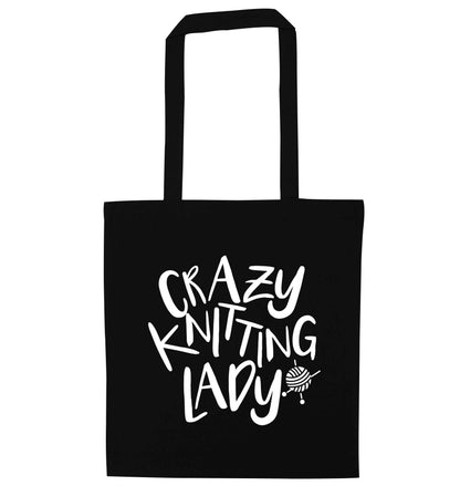 Crazy knitting lady black tote bag