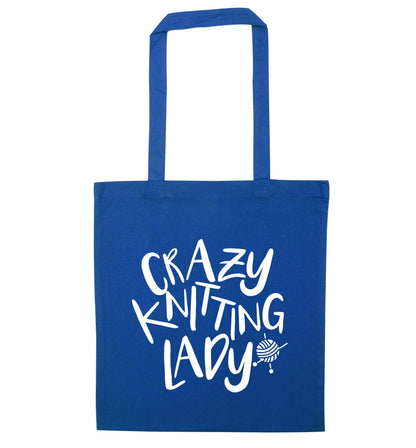 Crazy knitting lady blue tote bag