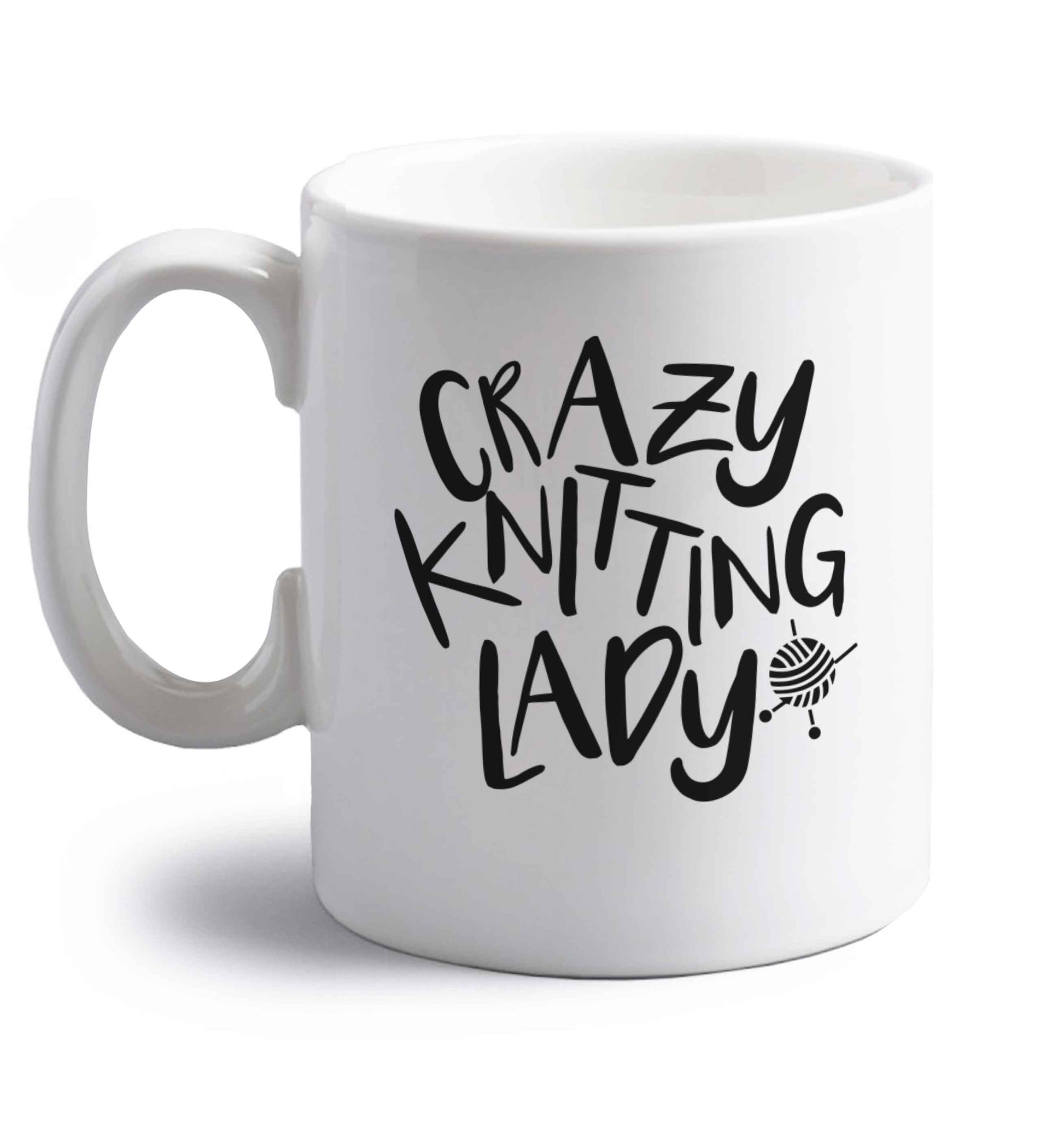 Crazy knitting lady right handed white ceramic mug 