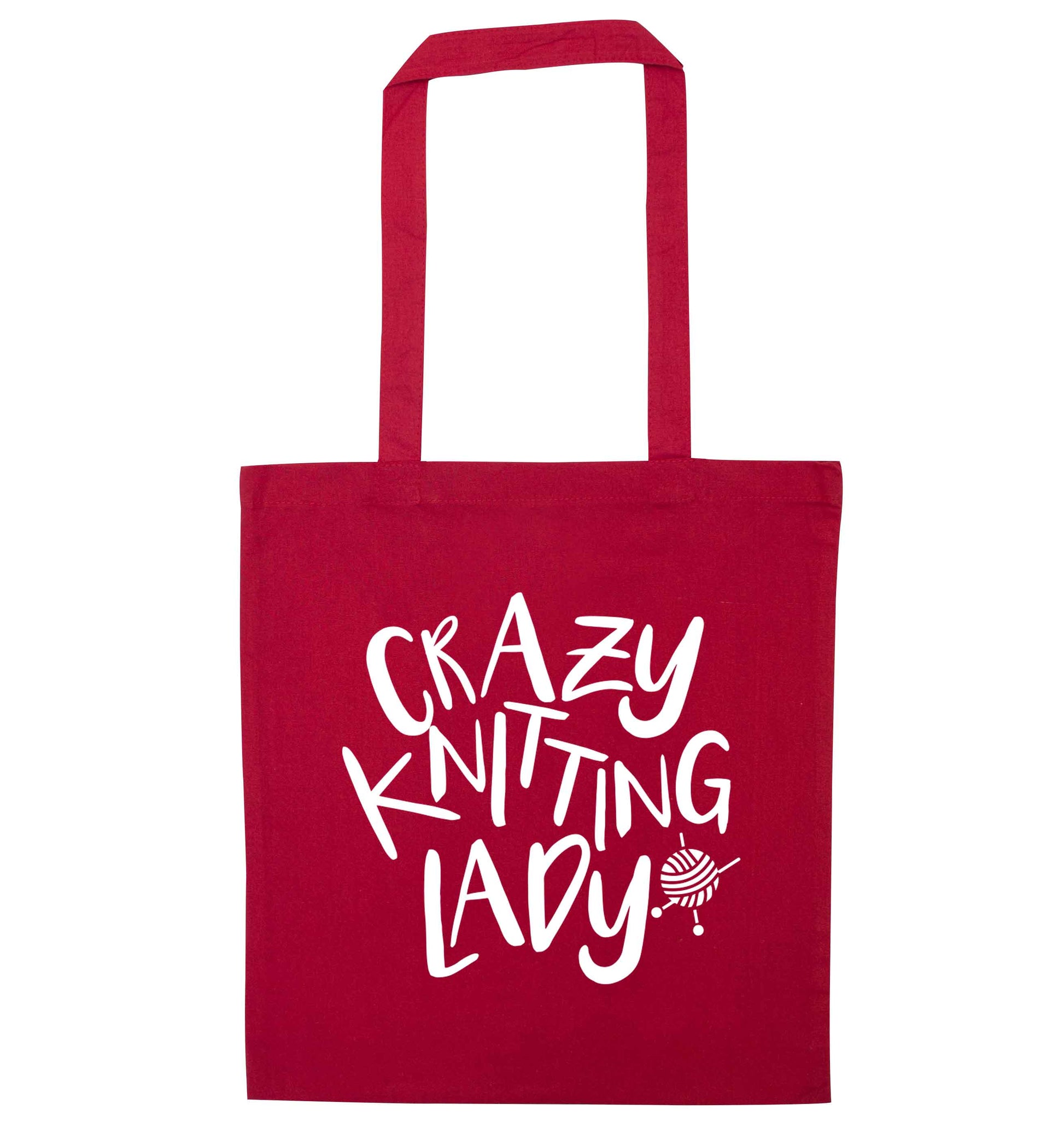 Crazy knitting lady red tote bag