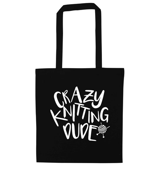 Crazy knitting dude black tote bag