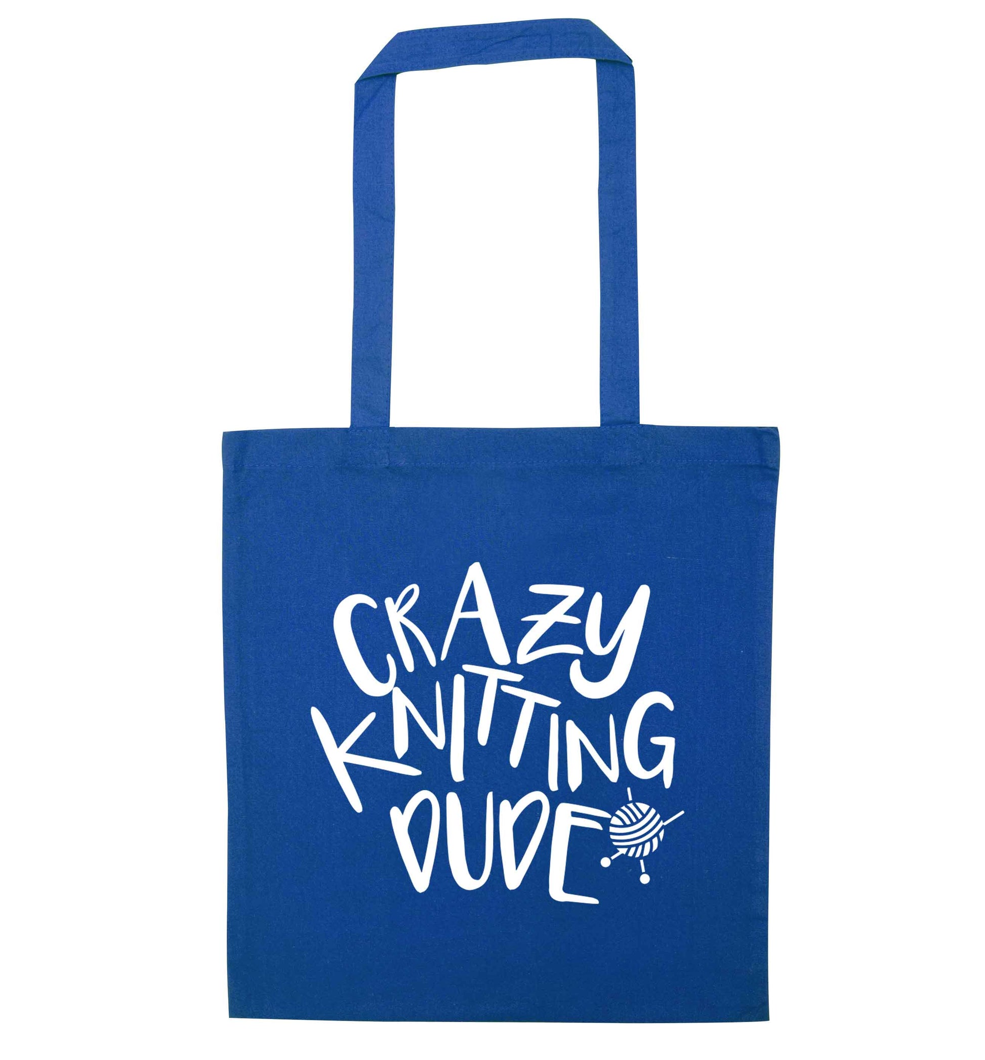 Crazy knitting dude blue tote bag